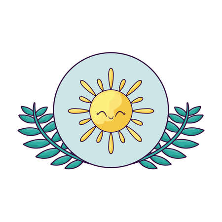 summer hot sun kawaii in frame circular with leafs vector illustration designのイラスト素材