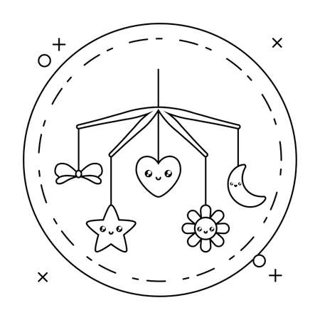 cradle mobile baby toy kawaii style in frame circular vector illustration designのイラスト素材