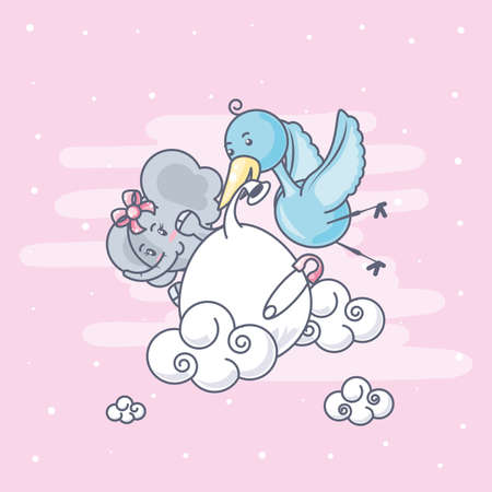 baby shower card with stork and elephant vector illustration designのイラスト素材