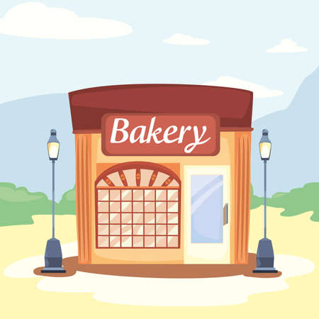 bakey city lamp street market commerce flat design vector illustrationのイラスト素材