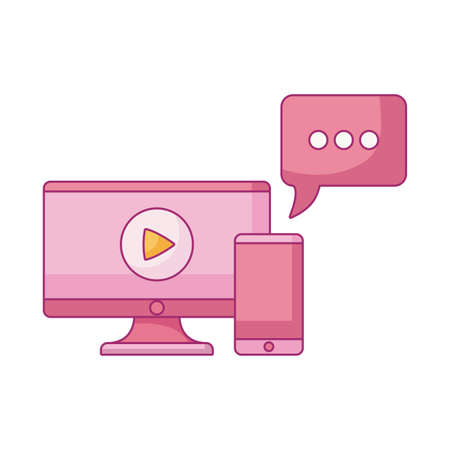 computer monitor with smartphone and speech bubble vector illustration designのイラスト素材