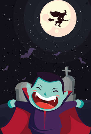cute boy disguised of vampire in cemetery scene vector illustration designのイラスト素材