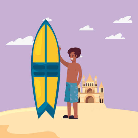 summer time holiday man with surfboard in the beach illustrationのイラスト素材