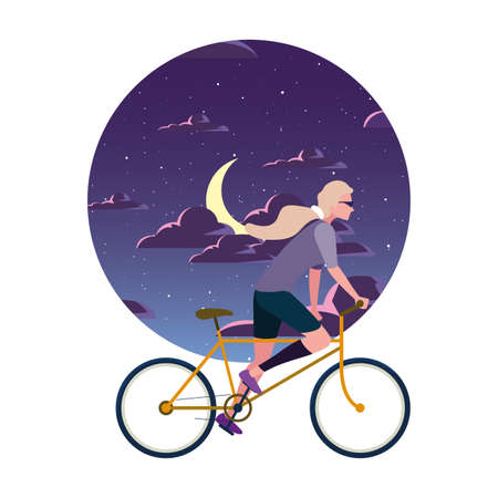 woman riding bicycle activity night halfmoon sky vector illustrationのイラスト素材