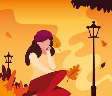 Woman in autumn design, season nature ornament garden decoration and botany theme illustrationのイラスト素材