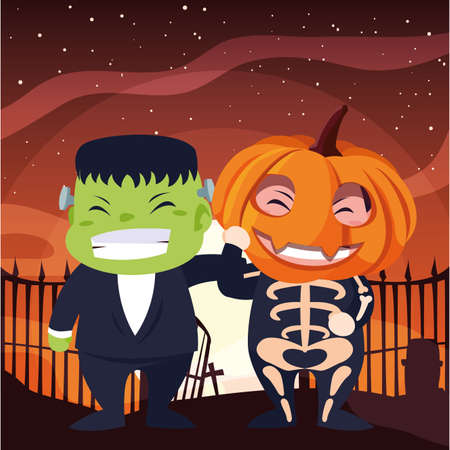 costumed children design, Halloween holiday horror scary celebration autumn dark and party theme Vector illustrationのイラスト素材