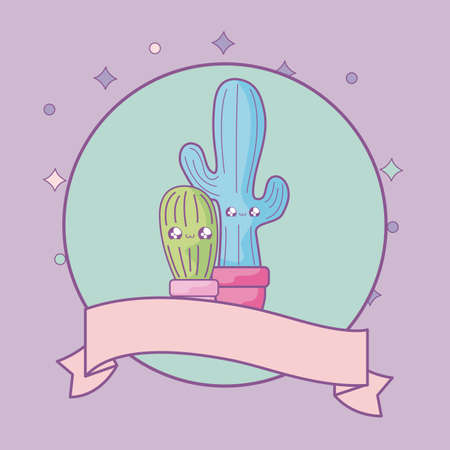 cactus tropical in frame circular with ribbon kawaii style vector illustration designのイラスト素材
