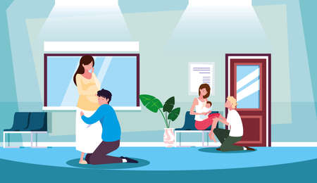 cute couple pregnancy in waiting room vector illustration designのイラスト素材