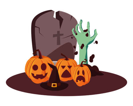zombie hand pumpkin gravestone happy halloween celebration design vector illustrationのイラスト素材