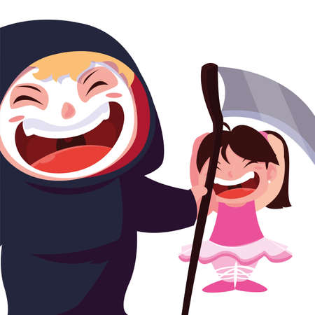 boy in death and girl ballerina costume Halloween with pumpkins vector illustrationのイラスト素材