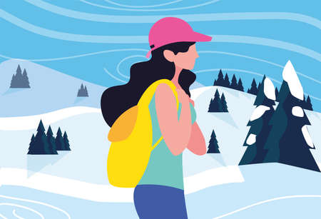 woman with backpack hiking wanderlust winter landscape nature illustrationのイラスト素材