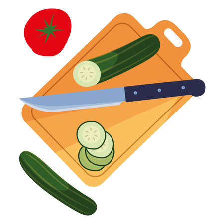 cutting board knife cucumber tomato preparation cooking illustrationのイラスト素材