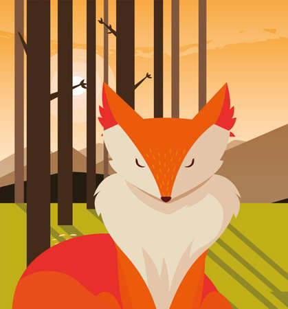fox mammal happy autumn season forest trees meadow vector illustrationのイラスト素材