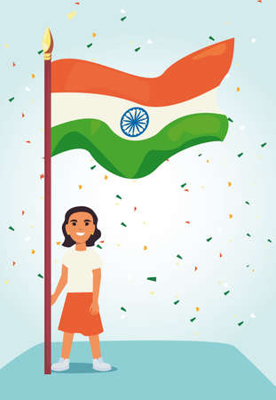 woman with flag celebration indian happy independence day vector illustrationのイラスト素材