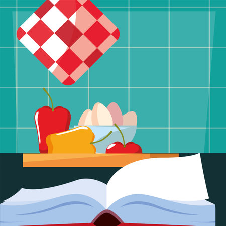 recipe book eggs pepper apple preparation cooking vector illustrationのイラスト素材