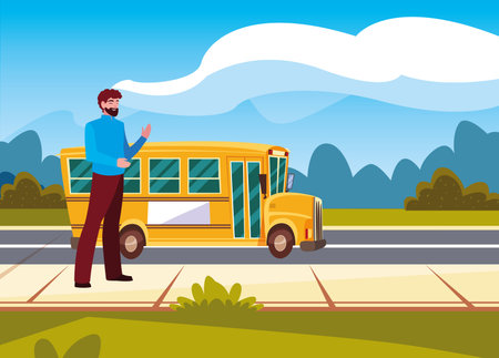 man and school bus in the street vector illustration