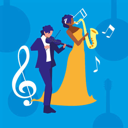 woman and man musician playing instrument musical design illustrationのイラスト素材