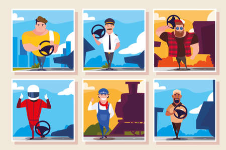 set of men with different profession of drivers vector illustration designのイラスト素材