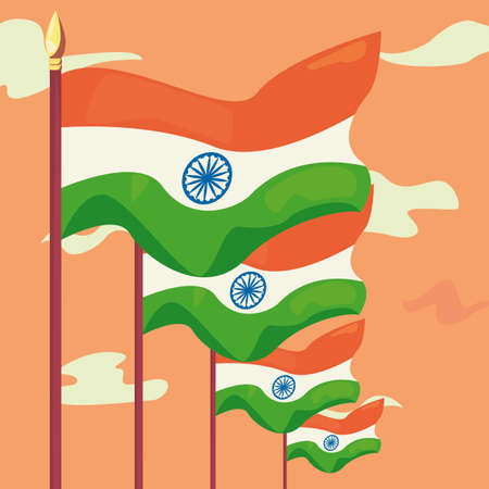 waving flags indian happy independence day vector illustrationのイラスト素材