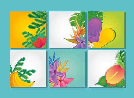 set of templates summer with flowers, fruits and symbols of summer vector illustration designのイラスト素材