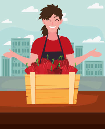 seller woman farm products harvest peppers vector illustrationのイラスト素材