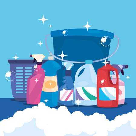 bucket basket bottles spray bubbles cleaning products and supplies vector illustrationのイラスト素材