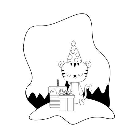 cute tiger with cake of birthday and gift box vector illustration designのイラスト素材