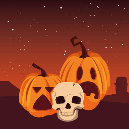 pumpkin and skull happy halloween party night vector illustrationのイラスト素材