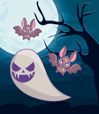 bat flying with ghost on halloween scene vector illustration designのイラスト素材