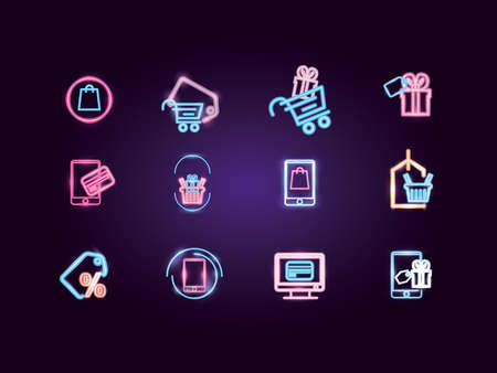 Shopping and ecommerce neon icon set design of Commerce market store shop retail buy paying banking and consumerism theme Vector illustrationのイラスト素材