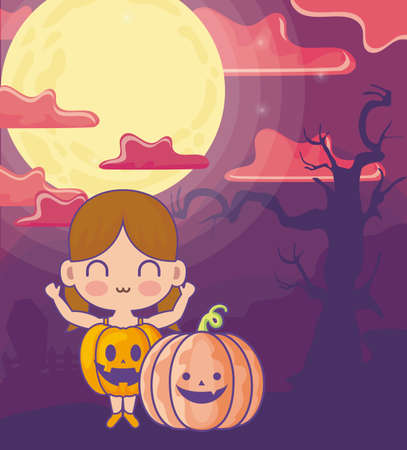 girl disguised as a pumpkin on halloween scene vector illustration designのイラスト素材