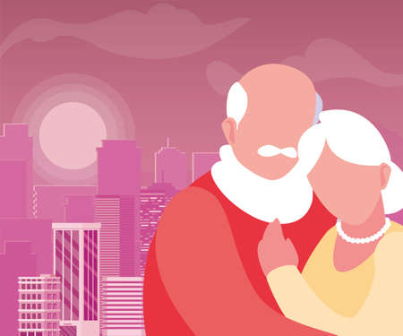 grandfather and grandmother hugging city background - happy grandparents day vector illustrationのイラスト素材