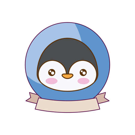 head of cute penguin in frame with ribbon vector illustration designのイラスト素材