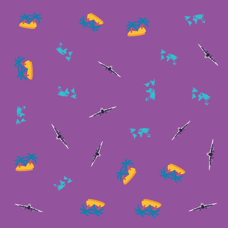 pattern of airplanes with islands and maps of continents vector illustration design