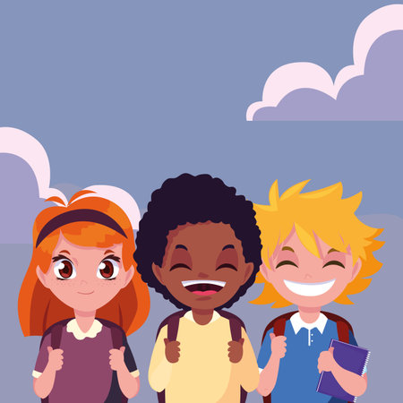 three school boys and girl with bags vector illustration