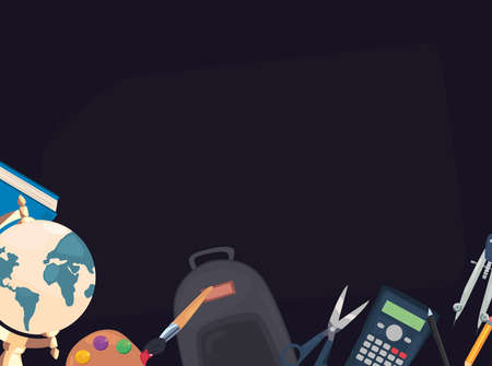 backpack calculator book compass pencil dark background back to school vector illustrationのイラスト素材
