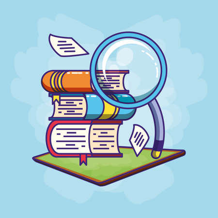 pile of library books and magnifying glass vector illustration designのイラスト素材