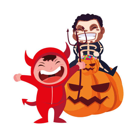 boys skeleton and devil costume halloween celebration vector illustrationのイラスト素材