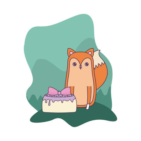 cute fox animal with cake of birthday vector illustration designのイラスト素材
