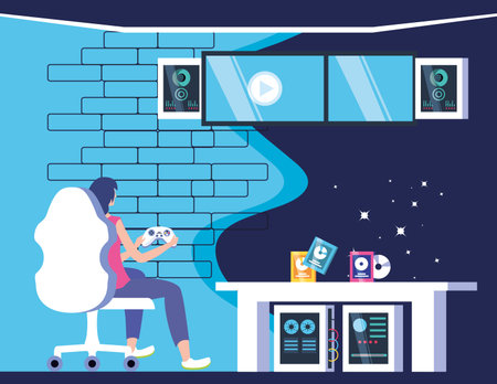 young woman playing video game entertainment vector illustration design