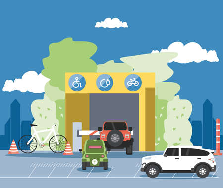 building with entrance of parking zone and barricade vector illustration designのイラスト素材