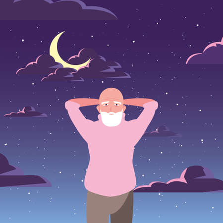 happy grandparents day - cute grandpa in the night landscape vector illustrationのイラスト素材