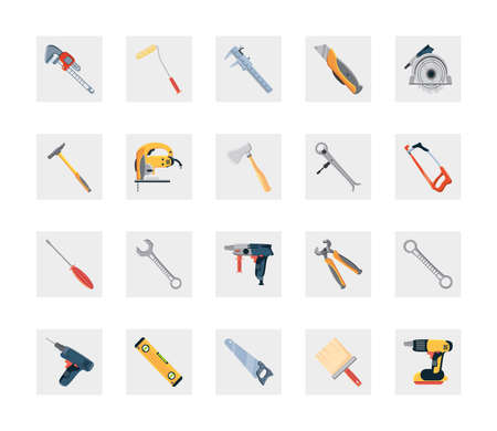 set of icons with construction tools and carpentry on white background vector illustration designのイラスト素材