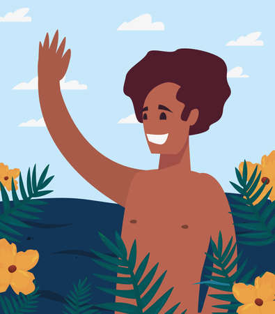 summer time holiday man in the sea beach flowers vector illustrationのイラスト素材