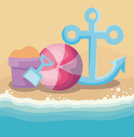 summer beach scene with anchor and toys vector illustration designのイラスト素材