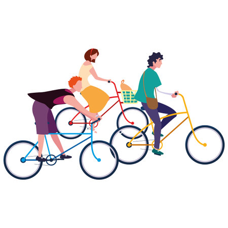 people group riding bicycle activity white background vector illustration