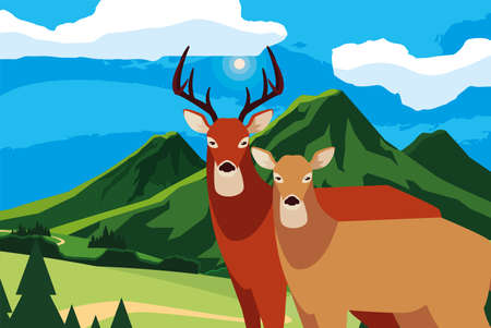 deers male female wildlife happy autumn season highland landscape vector illustrationのイラスト素材