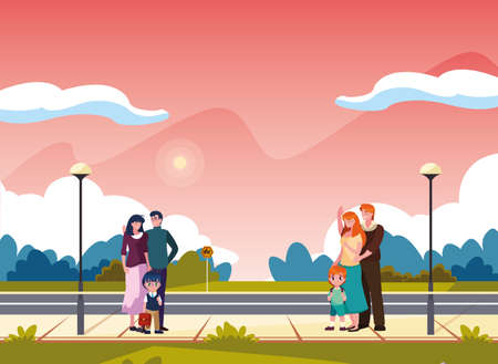 parents with kids students waiting in the street vector illustrationのイラスト素材
