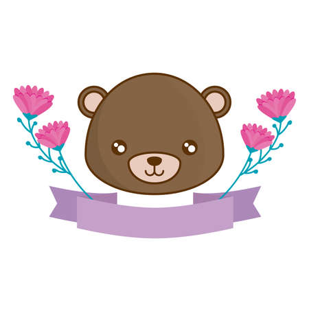 head of cute bear with ribbon and flowers vector illustration designのイラスト素材