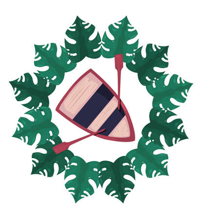 summer time holiday boat tropical leaves wreath vector illustrationのイラスト素材